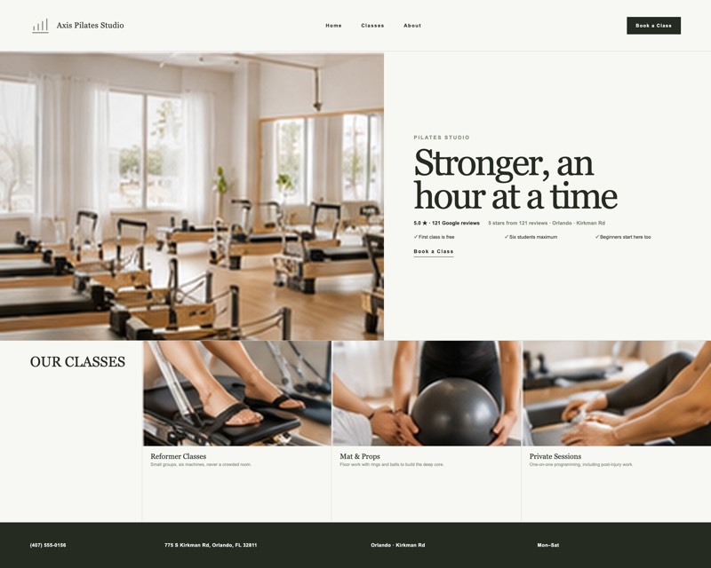 Homepage design for Axis Pilates Studio