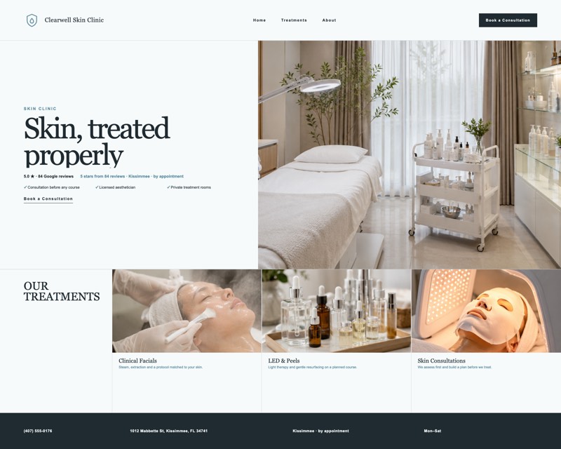 Homepage design for Clearwell Skin Clinic