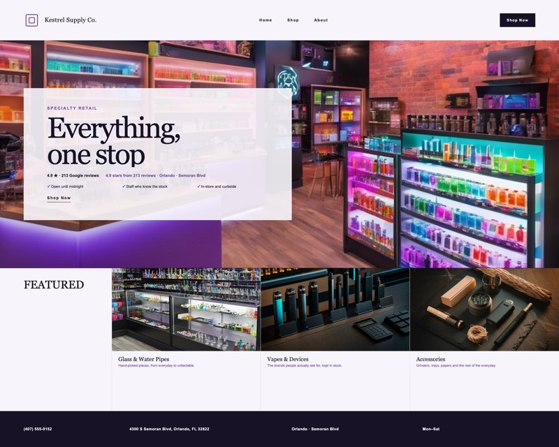 Homepage design for Kestrel Supply Co.