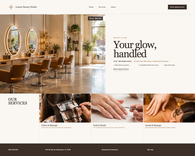 Homepage design for Lumen Beauty Studio